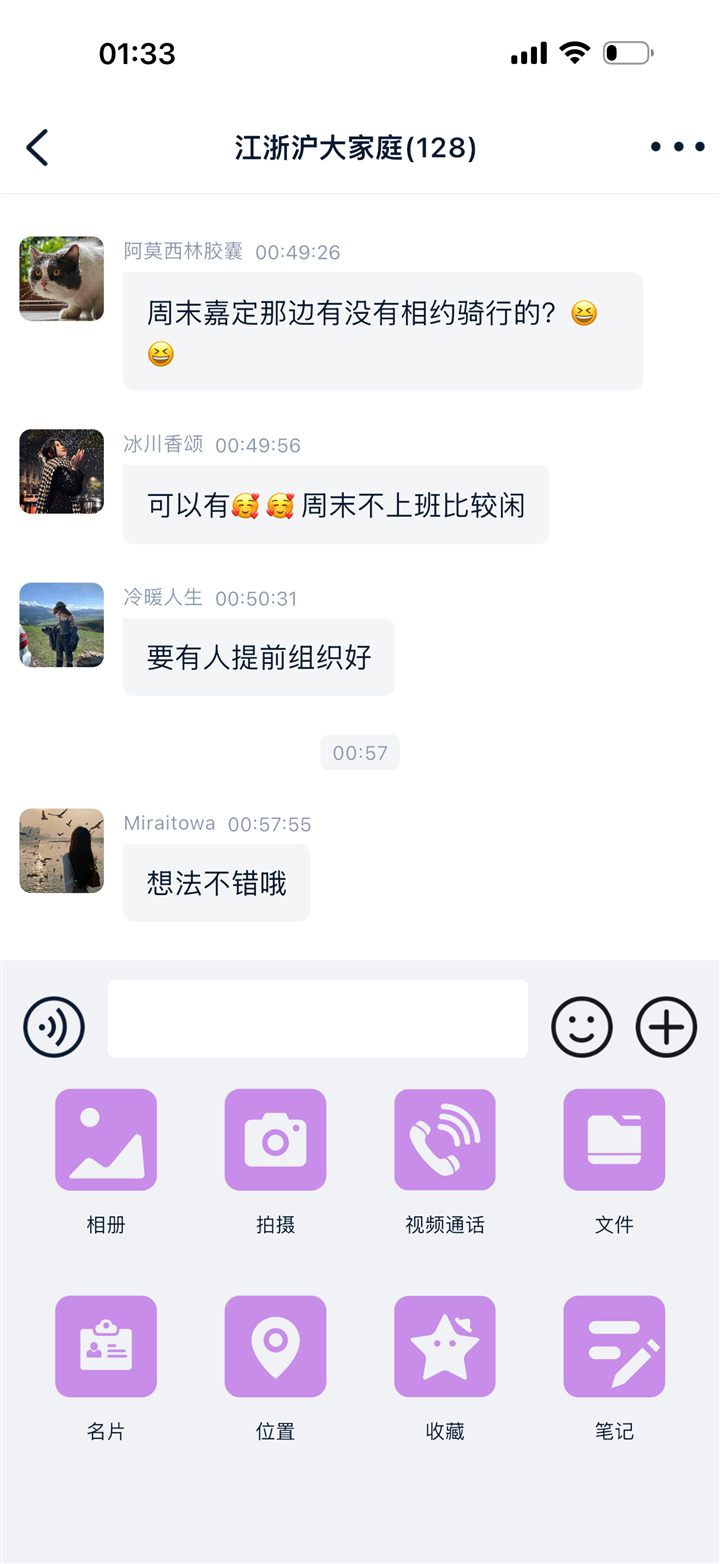 连趣 App 群聊界面：相册、拍摄、视频通话、文件等